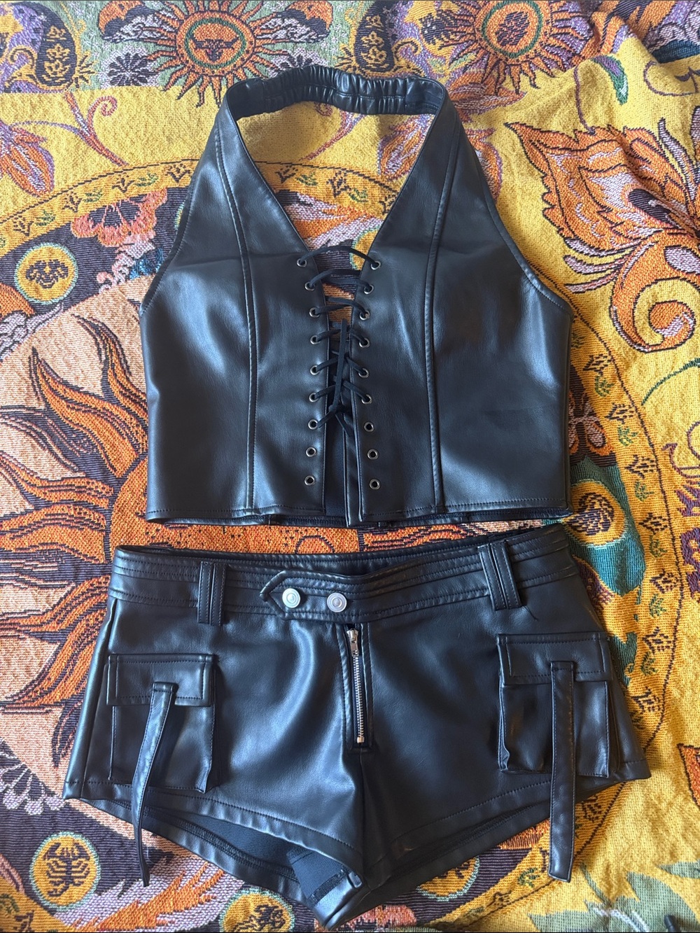 Faux Leather Lace-Up Halter Crop Top and Cargo Shorts Set - Black